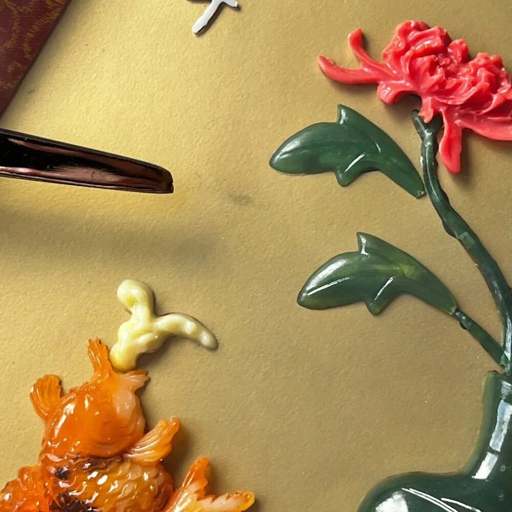 Chinese Carved faux Coral & Faux Jade Wall Art With Vase & Fish Design In Black - Picture 6 of 13